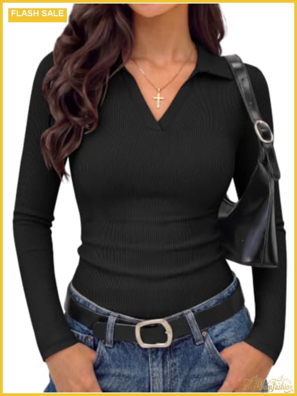 Women's Long Sleeve V-Neck Polo Shirt Slim Fit Business Casual Top